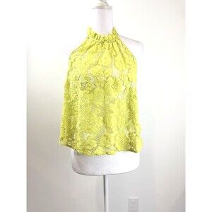 Free People XS Lace Halter Top Neon Yellow Floral Sleeveless Boho Blouse